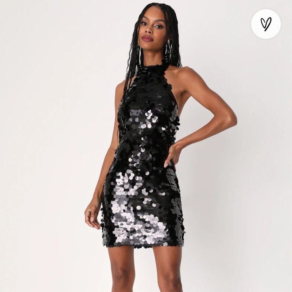LuLus Perfect Shine Black Sequin Halter Bodycon Mini Dress XL - NWT